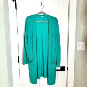 J. Jill Bright Green Linen Blend Long-Lined Open Front Cardigan Pockets Size M